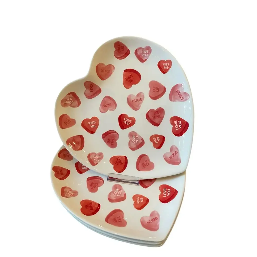 4 Maxcera Conversation Heart Valentine Dinner Plates 10in Ceramic Red & White